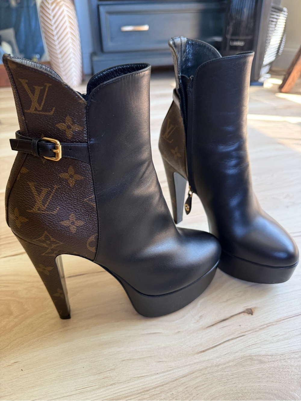 Louis Vuitton Black Leather and Monogram Platform Ankle Boots
